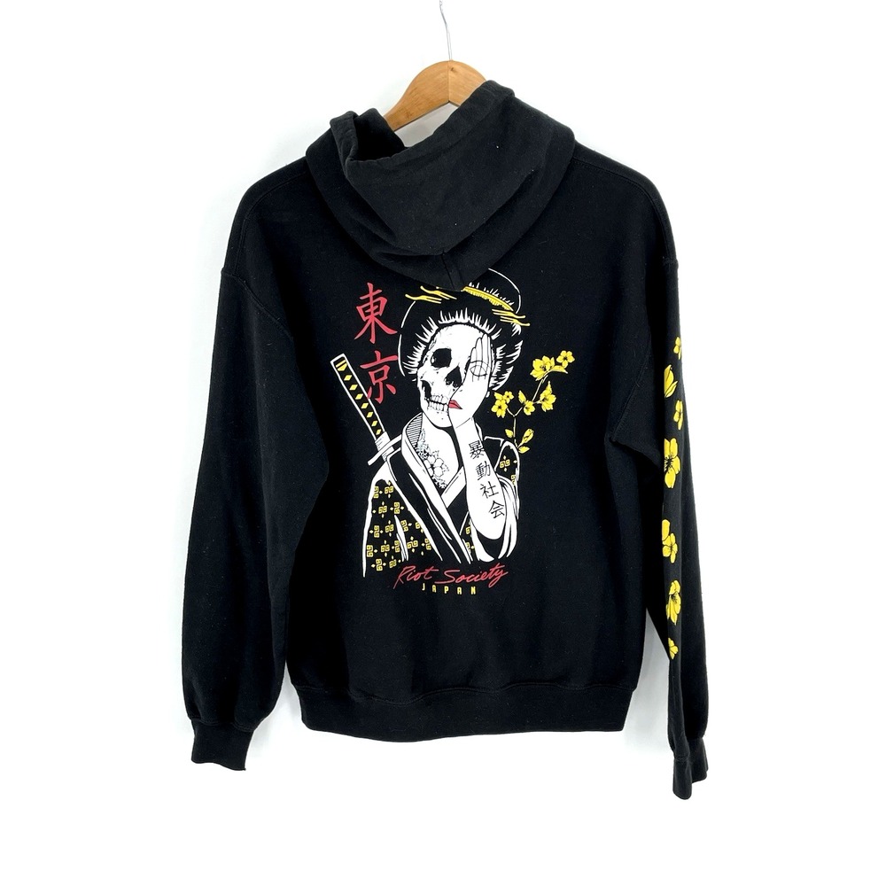 Riot Society Hoodie Mens Med Black Tokyo Geisha Skull Graphic Pullover‎ Japan